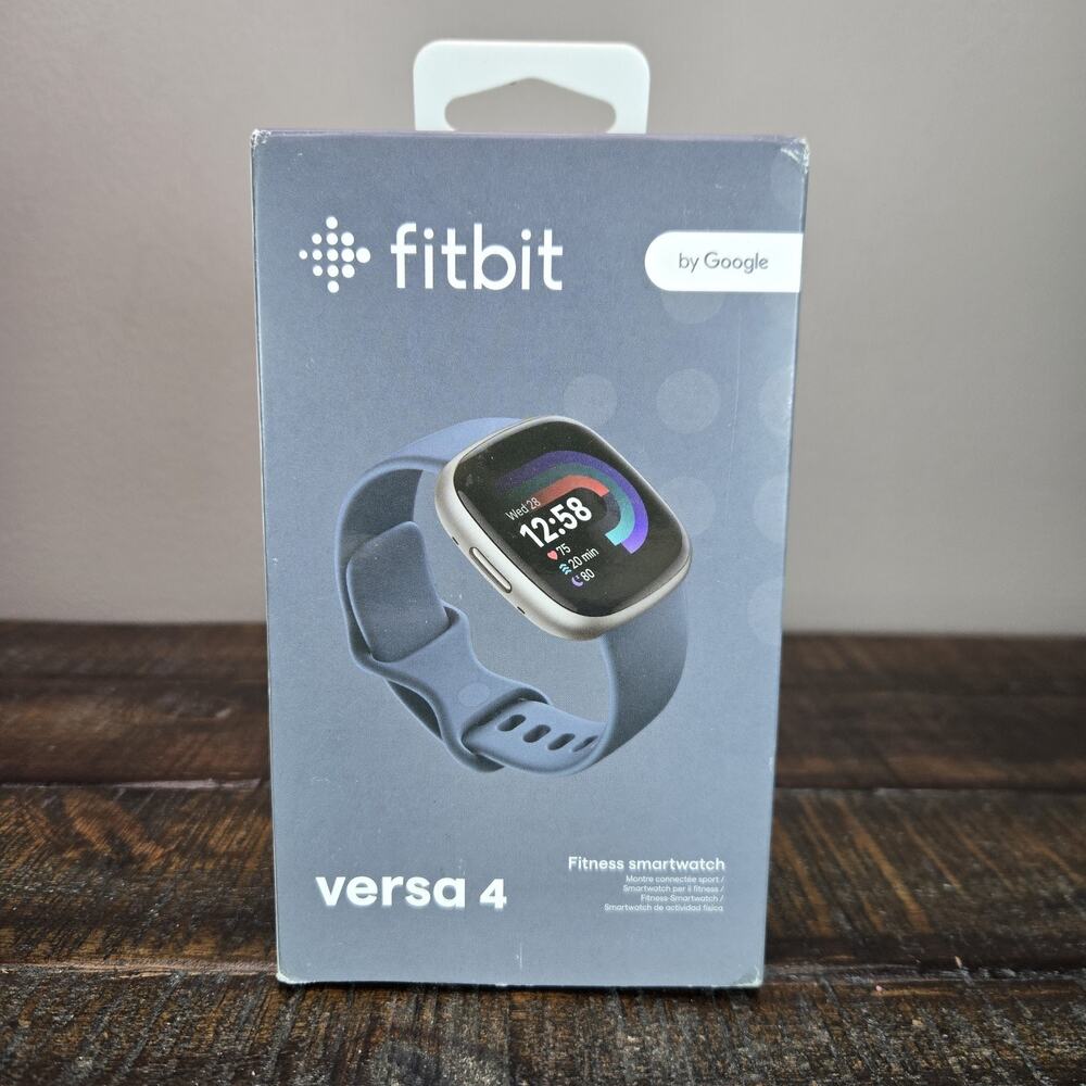 Fitbit Versa 4 Fitness Smartwatch Platinum Aluminum Waterfall Blue Band 2 Bands